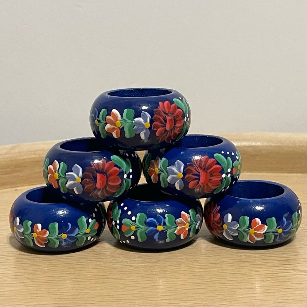 Hand-Painted Blue Floral Wood Napkin Rings Colorful Cottage Artsy Ornate 6 Set